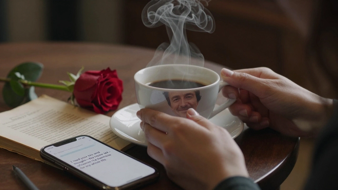 A hand holds a coffee cup with a reflection of a smiling man, next to a book of poetry and a single rose.
