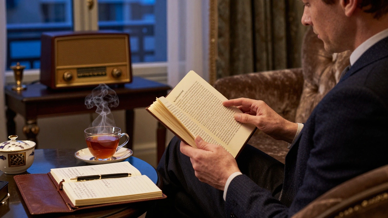 A Russian companion reads Dostoevsky in a Zurich hotel suite, with jazz playing and tea steaming nearby.