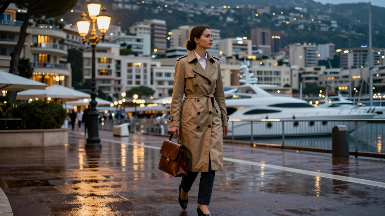 A Russian woman walks elegantly through rainy Monaco, trench coat glowing under streetlights, yachts in the distance.