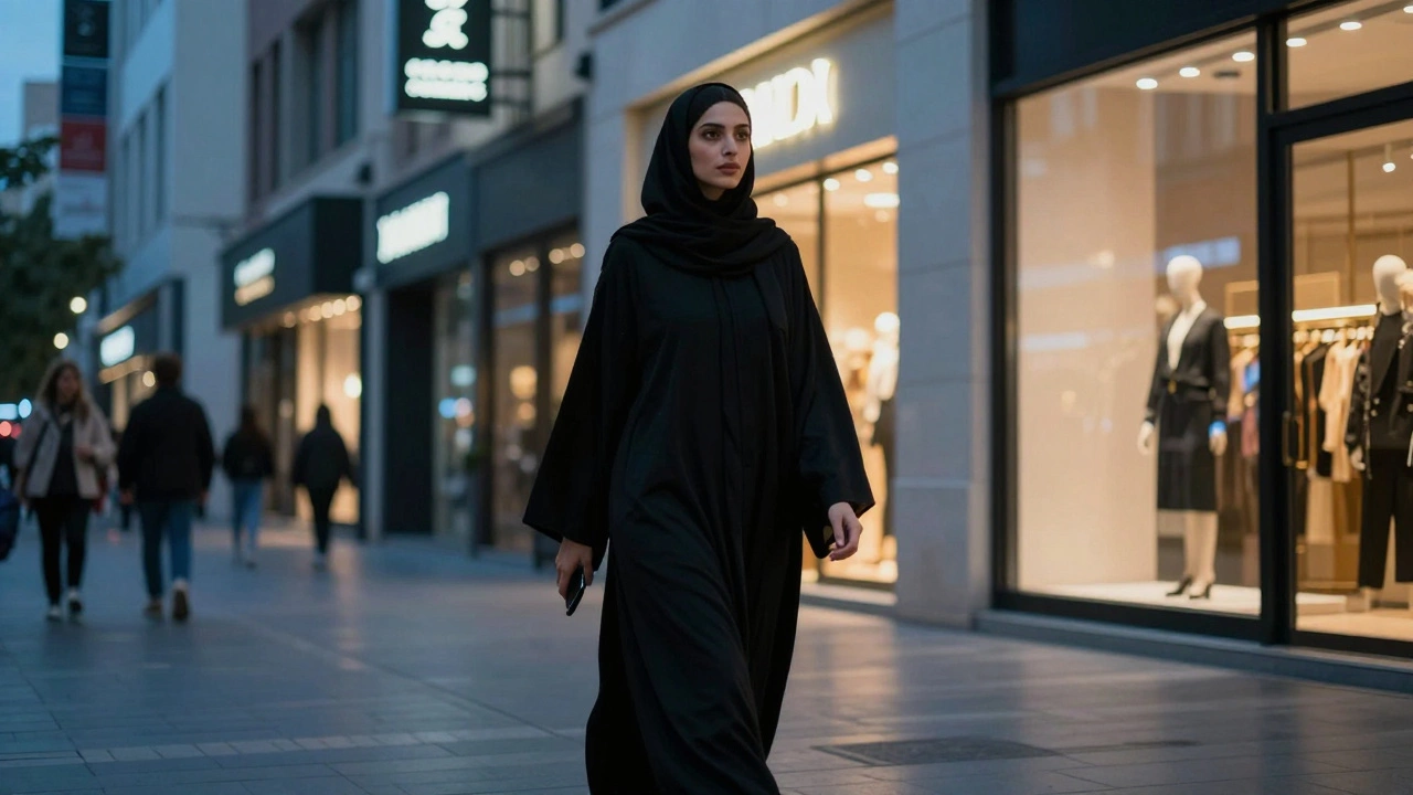 A woman in an abaya walking past luxury shops at dusk, calm and composed.