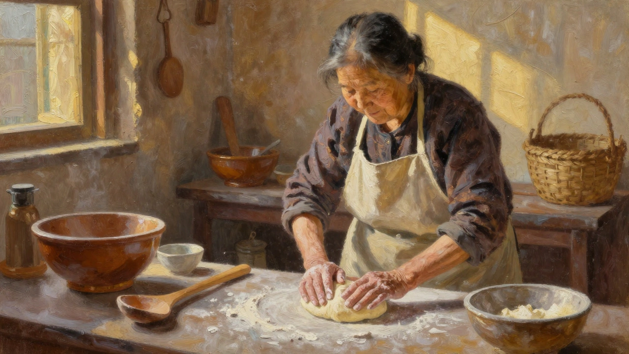 An elderly woman kneading dough in a sunlit kitchen, flour on her hands.